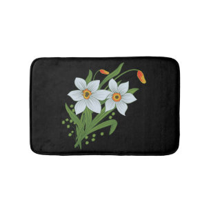 Tulpen und Osterglocken Blumen schwarzer Hintergru Badematte