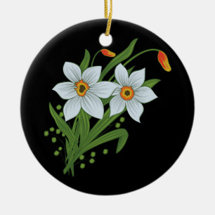 Tulpen und Osterglocken Blumen schwarzer Hintergru Keramik Ornament