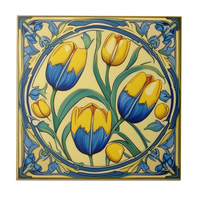 Tulpen zu Symmetric Art Nouveau Keramik Tile Fliese (Vorderseite)