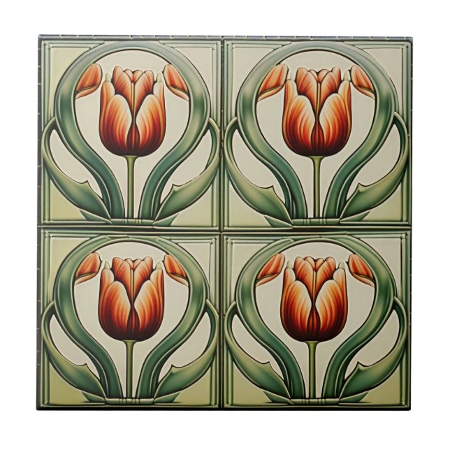 Tulpen zu Symmetric Art Nouveau Keramik Tile Fliese (Vorderseite)