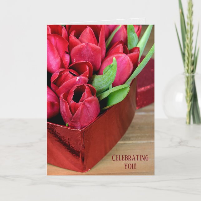 Tulpen zum Geburtstag im Herzen Karte (Vorderseite)