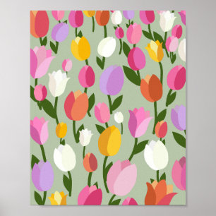 Tulpenfeld 05 Farbige Blumen Pastellgrün Poster