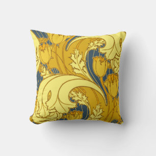 Tulpenmusterdruck: Gelbblaue Art Nouveau Kissen
