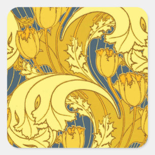 Tulpenmusterdruck: Gelbblaue Art Nouveau Quadratischer Aufkleber