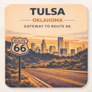Tulsa Skyline Coffee Schlucke auf Route 66 Rechteckiger Pappuntersetzer