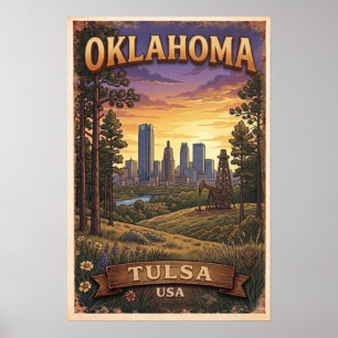 Tulsa Skyline Sonnenuntergangsillustration Poster