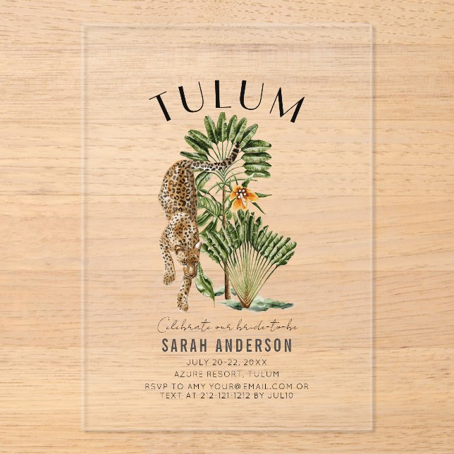Tulum Leopard Bachelorette Wochenende Acryleinladungen (Vorderseite)