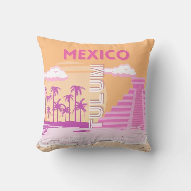Tulum, Travel Art, Retro Art, Rosa, Orange Kissen (Vorderseite)