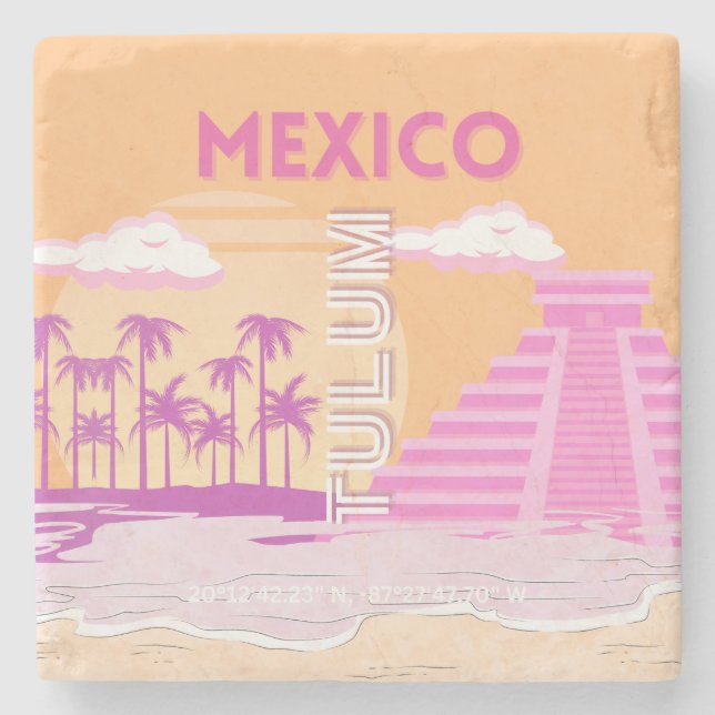 Tulum, Travel Art, Retro Art, Rosa, Orange Steinuntersetzer (Vorderseite)
