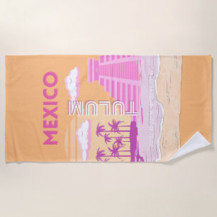Tulum, Travel Art, Retro Art, Rosa, Orange Strandtuch