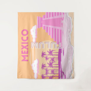 Tulum, Travel Art, Retro Art, Rosa, Orange Wandteppich