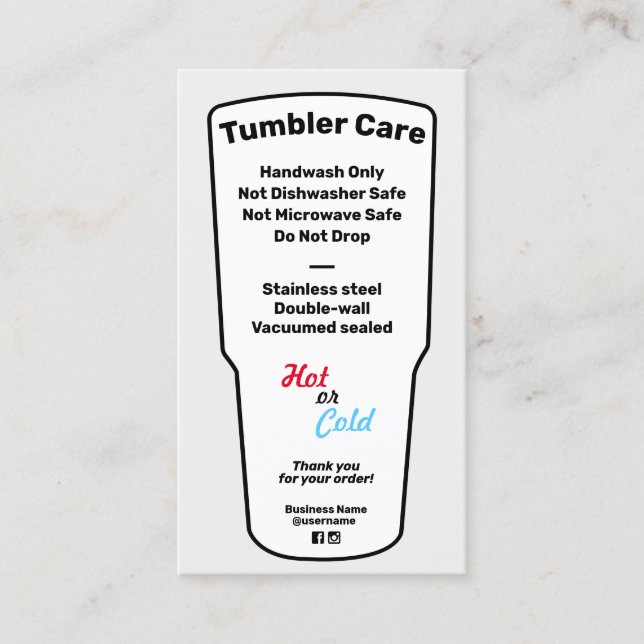 Tumbler Care Instructions Business Card Visitenkarte (Vorderseite)