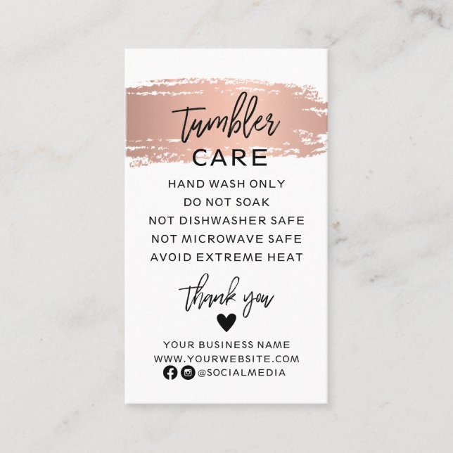 Tumbler Care Instructions Card mit Rose Gold Visitenkarte (Vorderseite)