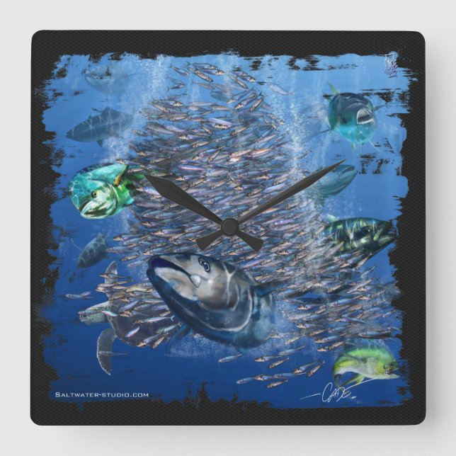 Tuna and Bait Wall clock Quadratische Wanduhr (Vorderseite)