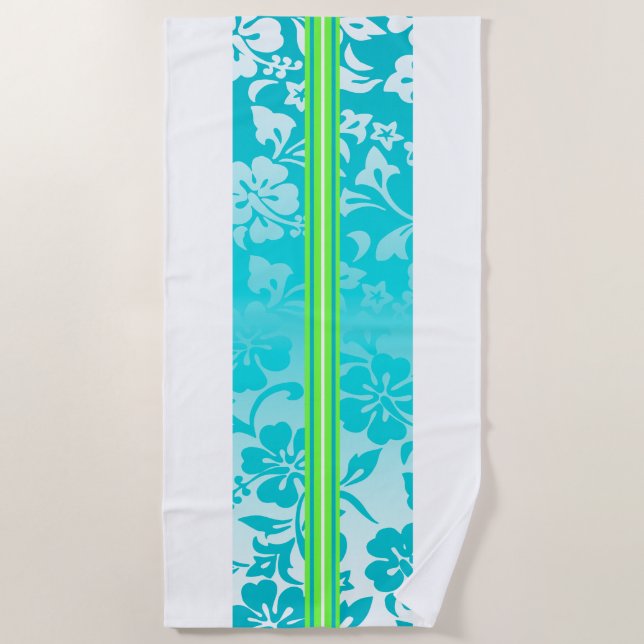 Tunnel Beach Hawaiian Hibiskus Surfboard Aquamarin Strandtuch (Vorderseite)