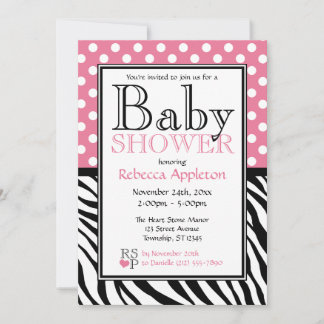 Tupfen-Rosa u. Zebra-Druck-Babyparty Einladung