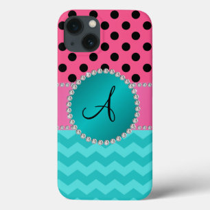 Tupfen-Türkissparren des Monogramms schwarze rosa iPhone 13 Hülle