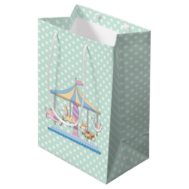 Tupfen und Tierkarussell-Baby-Geschenk-Tasche Mittlere Geschenktüte (Vorderseite Schrägansicht)