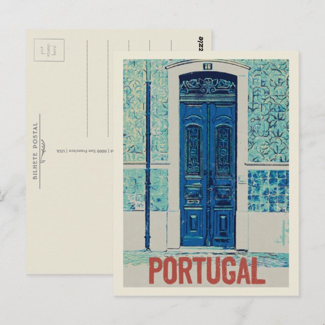 Tür, traditionelle Fliesen in Portugal Abbildung Postkarte (Vorne/Hinten)