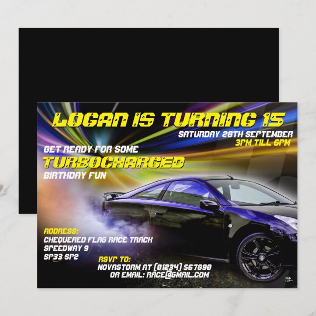 Turbogeladene Street Racing-Party Einladungen (Vorne/Hinten)