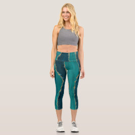 Türkblaue Achatwellen – Abstrakter Marmor mit Gold Capri Leggings