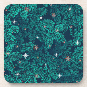 🌲 Türkblaue Kiefern-Schneeflocken-Weihnachts-Tisc Getränkeuntersetzer