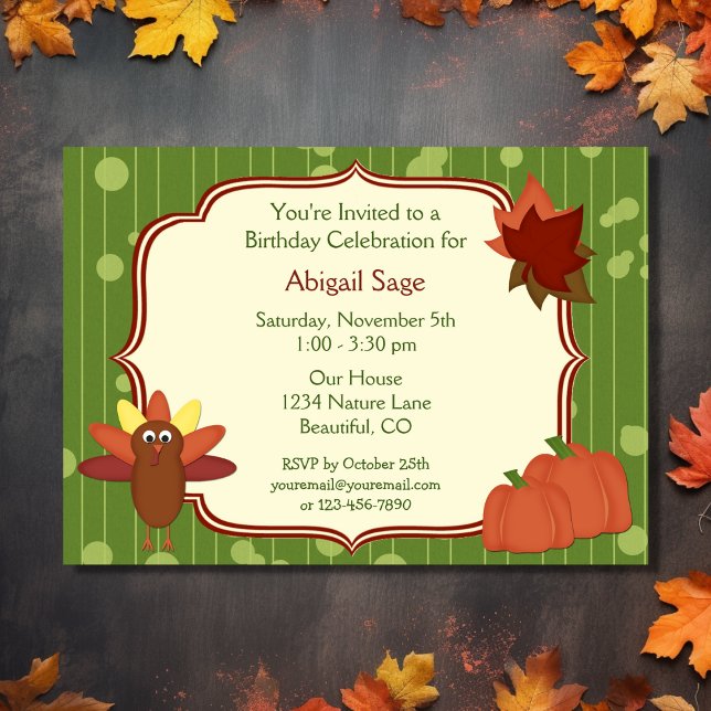 Türkei, Pumpkins und Blätter Einladung zum Geburts (Front - Turkey, Pumpkins and Leaves Birthday Invitation)