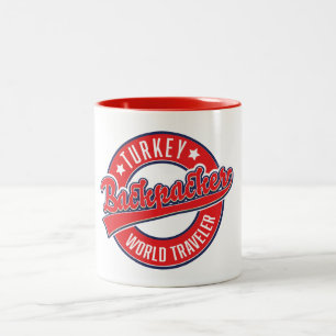 Türkei Rucksacktourist Welt Reisender Retro-Logo. Zweifarbige Tasse
