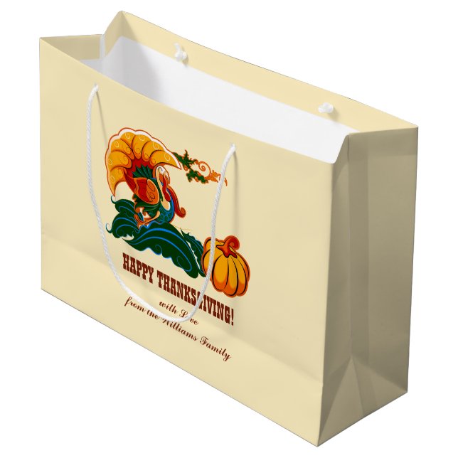 Türkei und Pumpkin | INDIVIDUELLE NAME ERNTEDANK Große Geschenktüte (Vorderseite Schrägansicht)