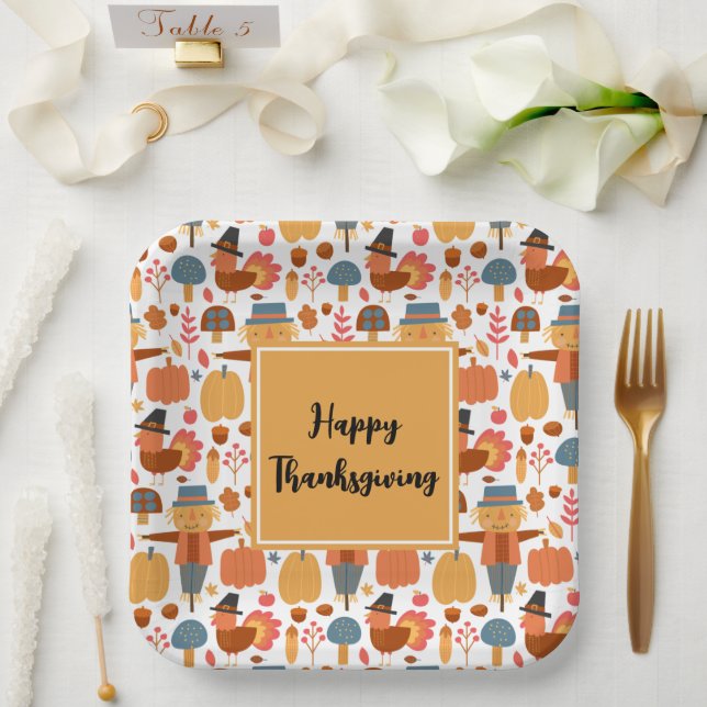 Türkei und Scarecrow Erntedank Pattern Pappteller (Hochzeit)