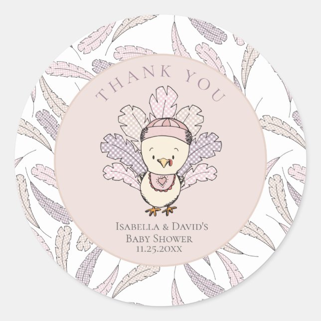 Turkey & Feathers Fall Girl Babydusche Vielen Dank Runder Aufkleber (Vorderseite)