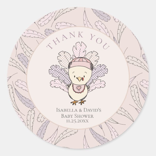 Turkey & Feathers Fall Girl Babydusche Vielen Dank Runder Aufkleber (Vorderseite)