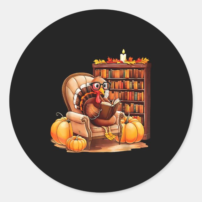 Turkey Reading Books Fall Thanksgiving Teacher Boo Runder Aufkleber (Vorderseite)