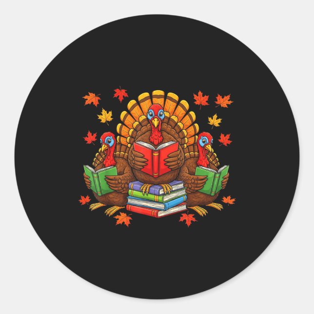 Turkey Reading Books Teacher Fall Thanksgiving Boo Runder Aufkleber (Vorderseite)