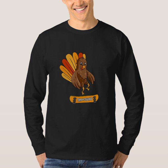 Turkey Skater Thanksgiving Day Cool Skateboard Fal T-Shirt (Vorderseite)