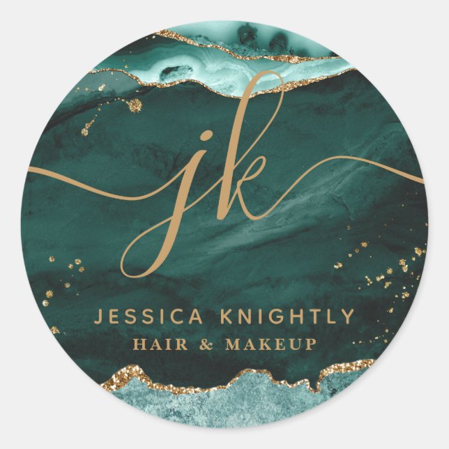 Türkis Agate Gold Glitzer Script Monogram Logo Runder Aufkleber (Vorderseite)