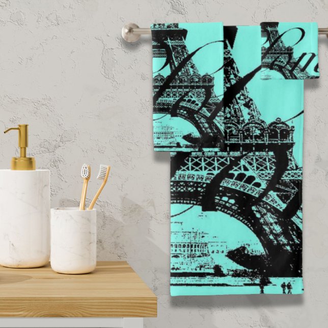 Türkis Aqua aquamarin Scripte Paris Eiffel Tower Badhandtuch Set (turquoise aqua teal scripts Paris Eiffel Tower Bath Towel Set)