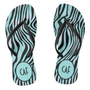 Türkis Aqua Black Zebra Animal Print Monogram Flip Flops