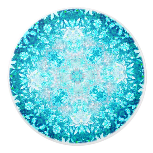 Türkis Aqua Blauer Blumenmuster Keramikknauf (Vorderseite)