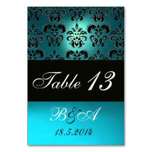 TÜRKIS-AQUA-BLAUES SCHWARZ-NOBLES DAMAST-MONOGRAMM TISCHNUMMER