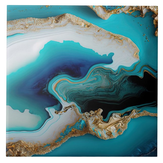Türkis Aqua Blue Gold Gemstone Akrylus Art Fliese (Vorderseite)