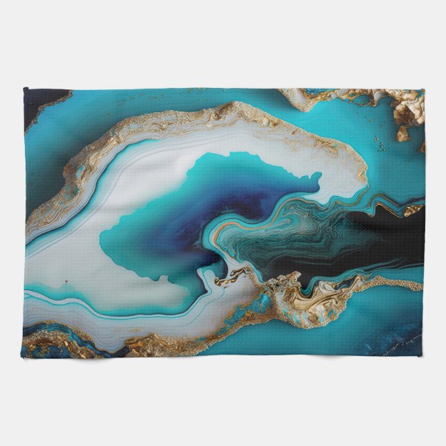 Türkis Aqua Blue Gold Gemstone Akrylus Art Geschirrtuch (Horizontal)