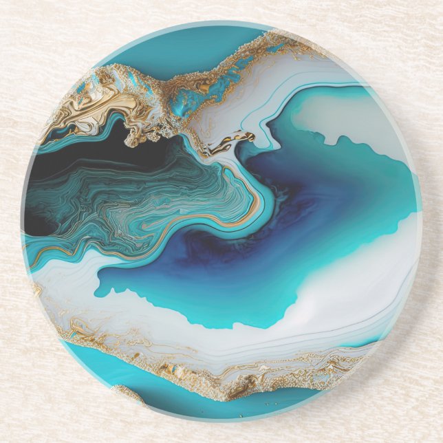 Türkis Aqua Blue Gold Gemstone Akrylus Art Getränkeuntersetzer (Vorne)