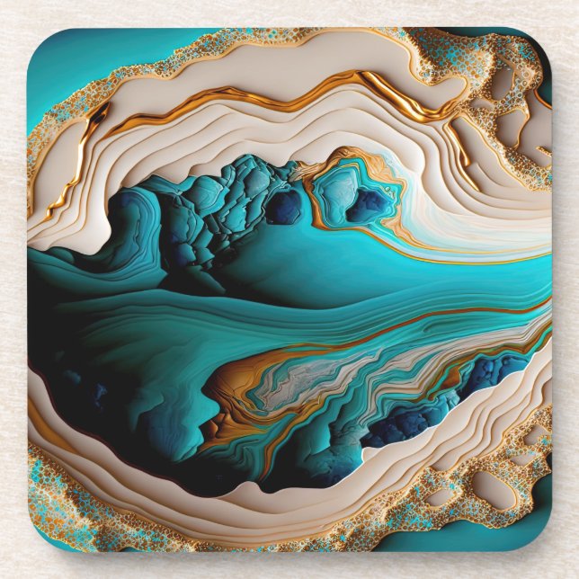 Türkis Aqua Blue Gold Gemstone Akrylus Art Getränkeuntersetzer (Vorderseite)