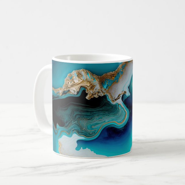 Türkis Aqua Blue Gold Gemstone Akrylus Art Kaffeetasse (Vorderseite Links)