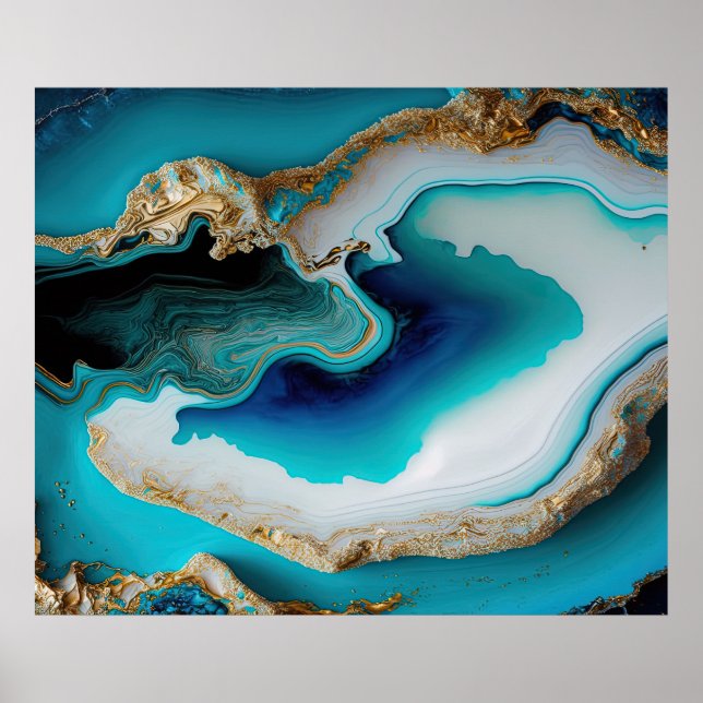 Türkis Aqua Blue Gold Gemstone Akrylus Art Poster (Vorne)