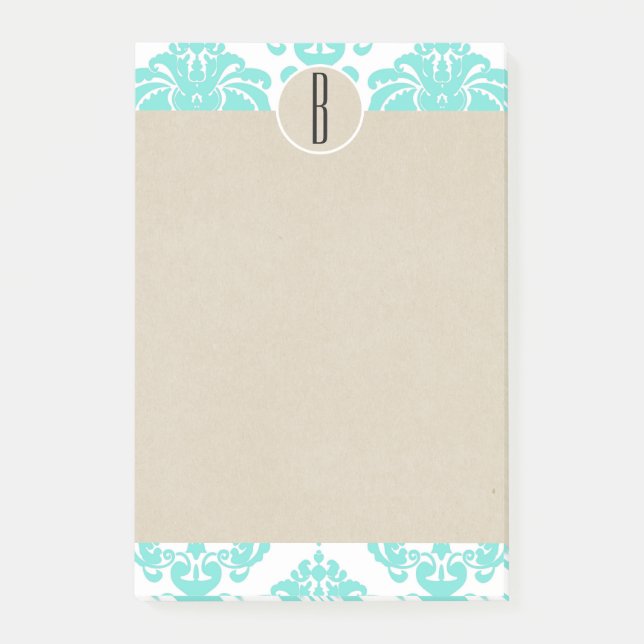 Türkis Aqua Glam Damask Kraft Monogram Initial Post-it Klebezettel (Vorderseite)
