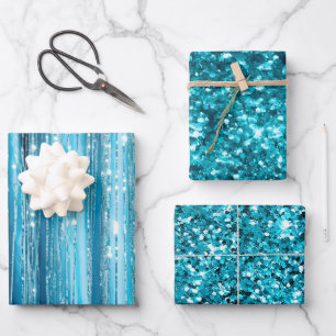 Türkis Aqua Glam Glitzer Geschenkpapier Set