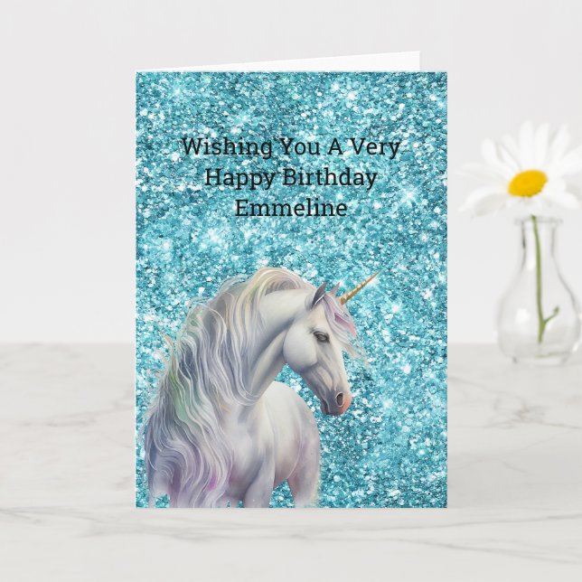 Türkis Aqua Glitz Glitzer Unicorn Karte (Kleine Pflanze)