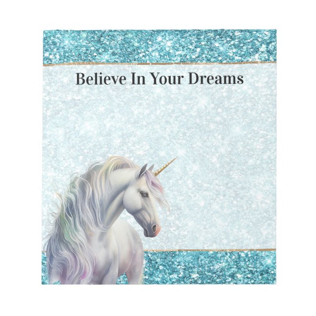 Türkis Aqua Glitz Glitzer Unicorn Notizblock (Vorderseite)